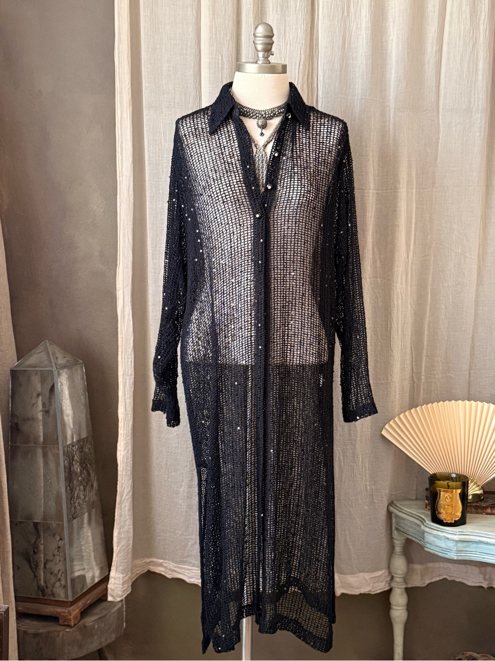 Black crochet knit mesh shirt midi duster jacket with sequins glitter y2k 90s
